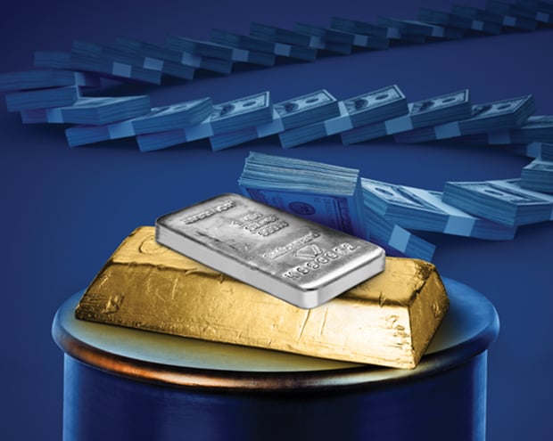 Money stacked in the form of Dominoes leading to gold and silver bars