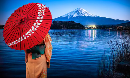 A Japanese women in traditional outfit with an umbrella facing Fuji mountain