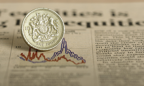 pound coin sat on a news paper article with charts